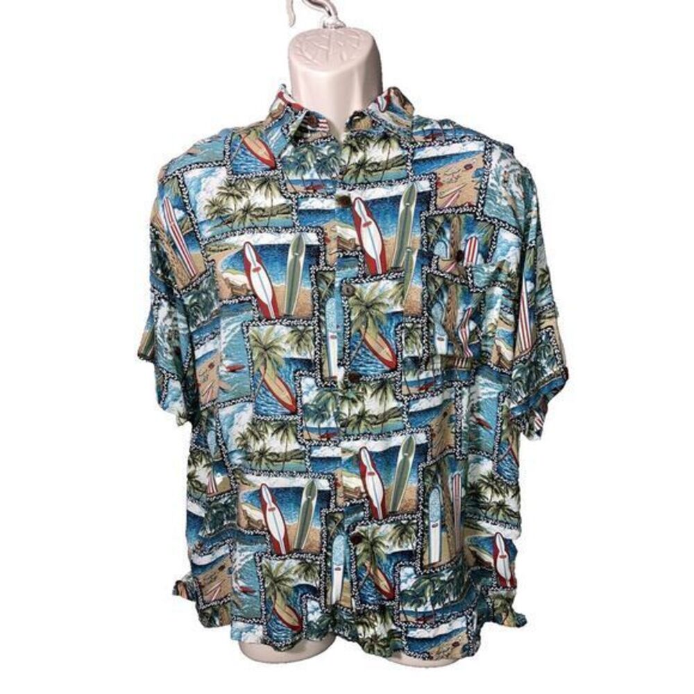Aloha Hut Hawaii Men's Button Down‎ Shirt All Over Surfboards Palm Trees Medium